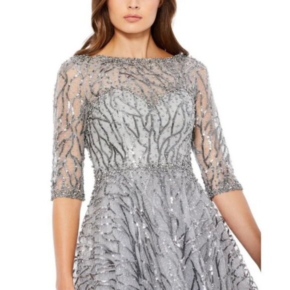 Mac Duggal Platinum Silver Sequin Embellished Cocktail Midi Dress